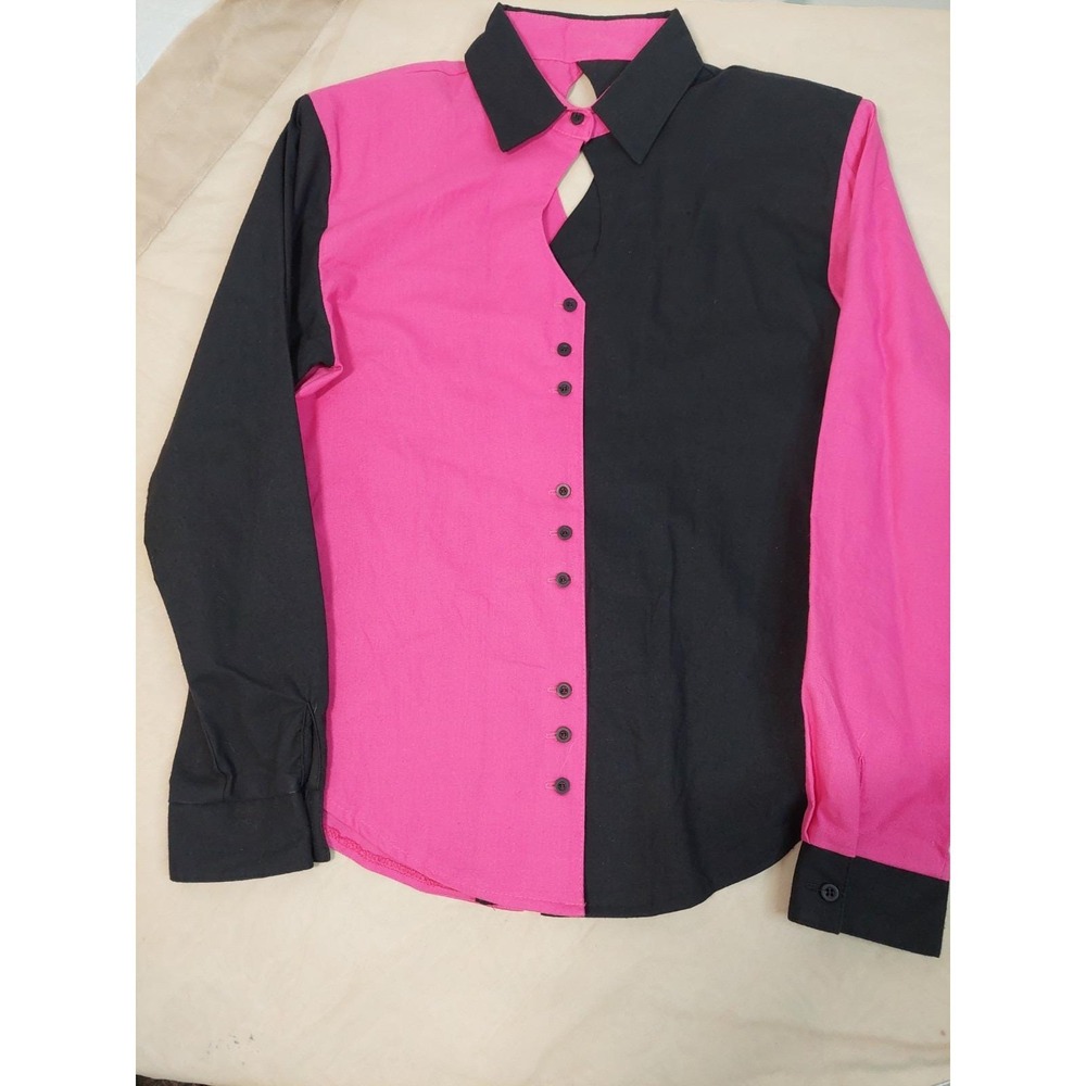 🔥 VINTAGE 80s/90s COLORBLOCK BLOUSE Hot Pink Black Dramatic Shirt 100% Cotton